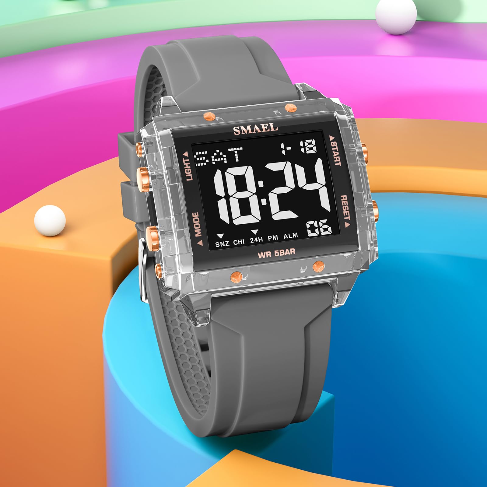 KXAITO Digital Sports Watch, Square Case 44mm, LED Night Light Display, 5ATM Waterproof, Silica Gel Band, Alarm Chronograph Stopwatch, Gift - 3