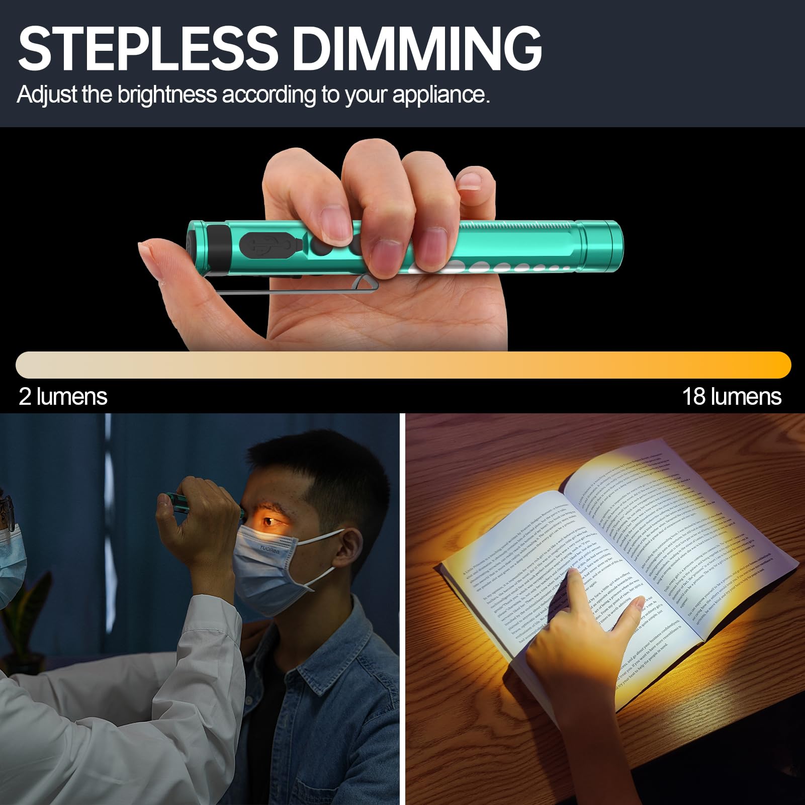 Lampa diagnostyczna, medyczna lampa źrenicy LED, z kablem USB, ciepła / zimna biel i bezstopniowe ściemnianie, przenośna, aluminiowa, medyczna lampa źrenicy z klipsem (Mars Green)