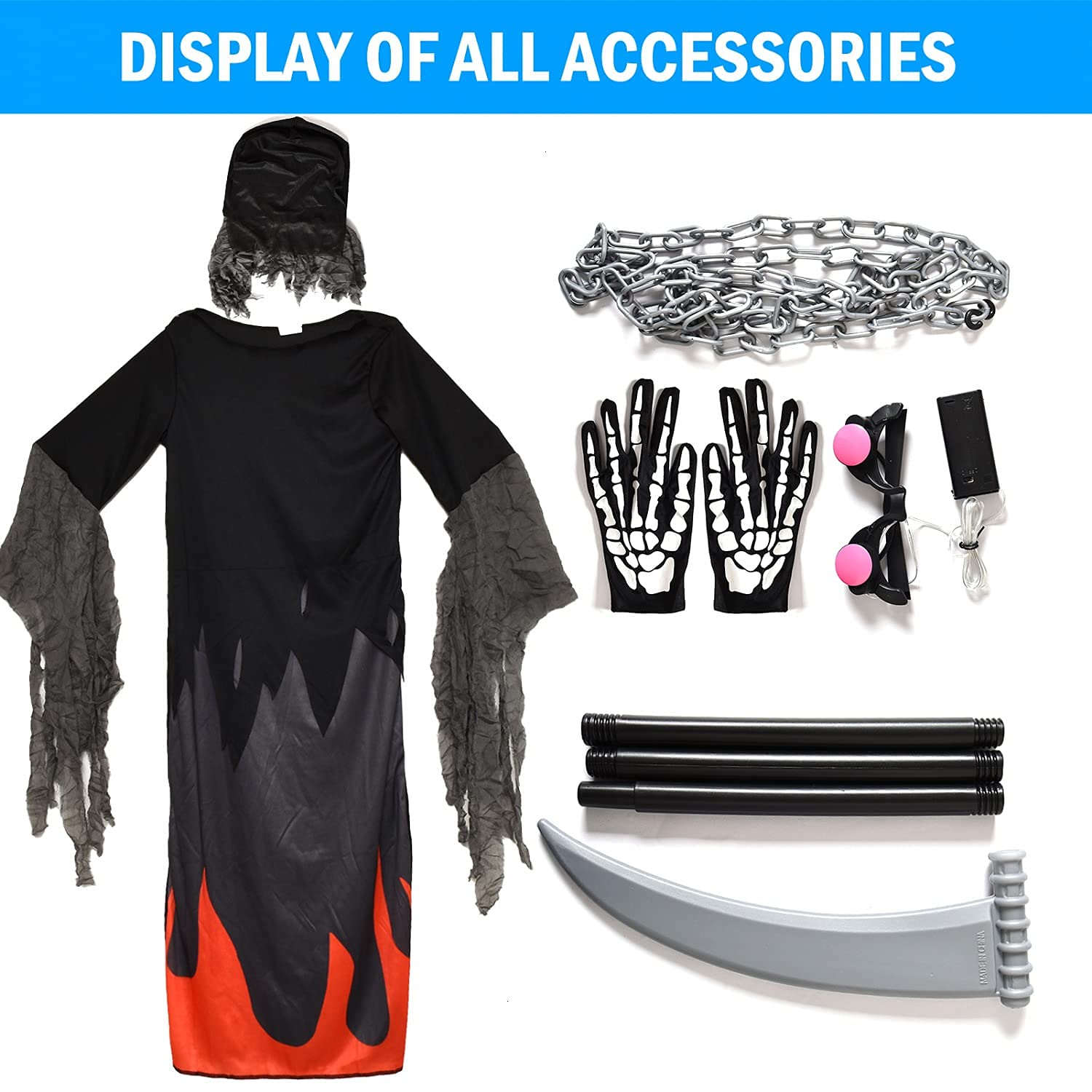 YoleShy Grim Reaper Costume Kids Reaper Costume with Glowing Up Eyes