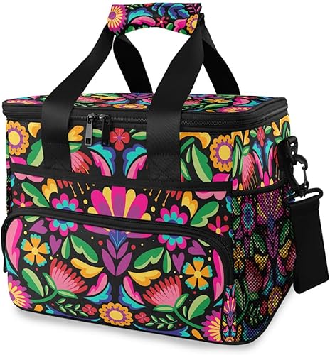 Bolsa de almuerzo de picnic floral mexicano, bolsa de mano reutilizable aislada, portátil, congelable, a prueba de fugas, hielera impermeable, cesta