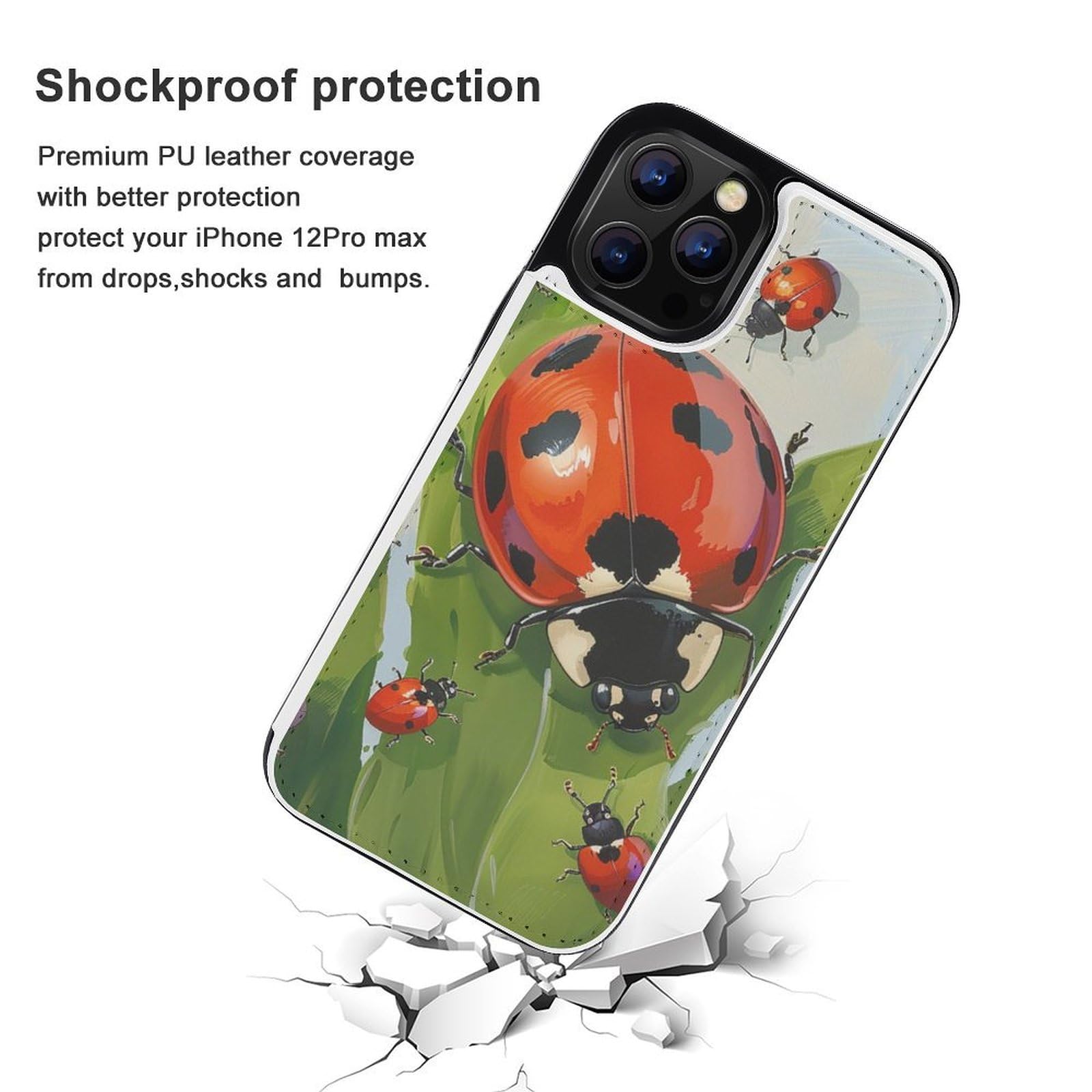Fundas tipo cartera para iPhone 12 Pro Max, diseño de mariquitas, funda de piel con ranuras para tarjetas