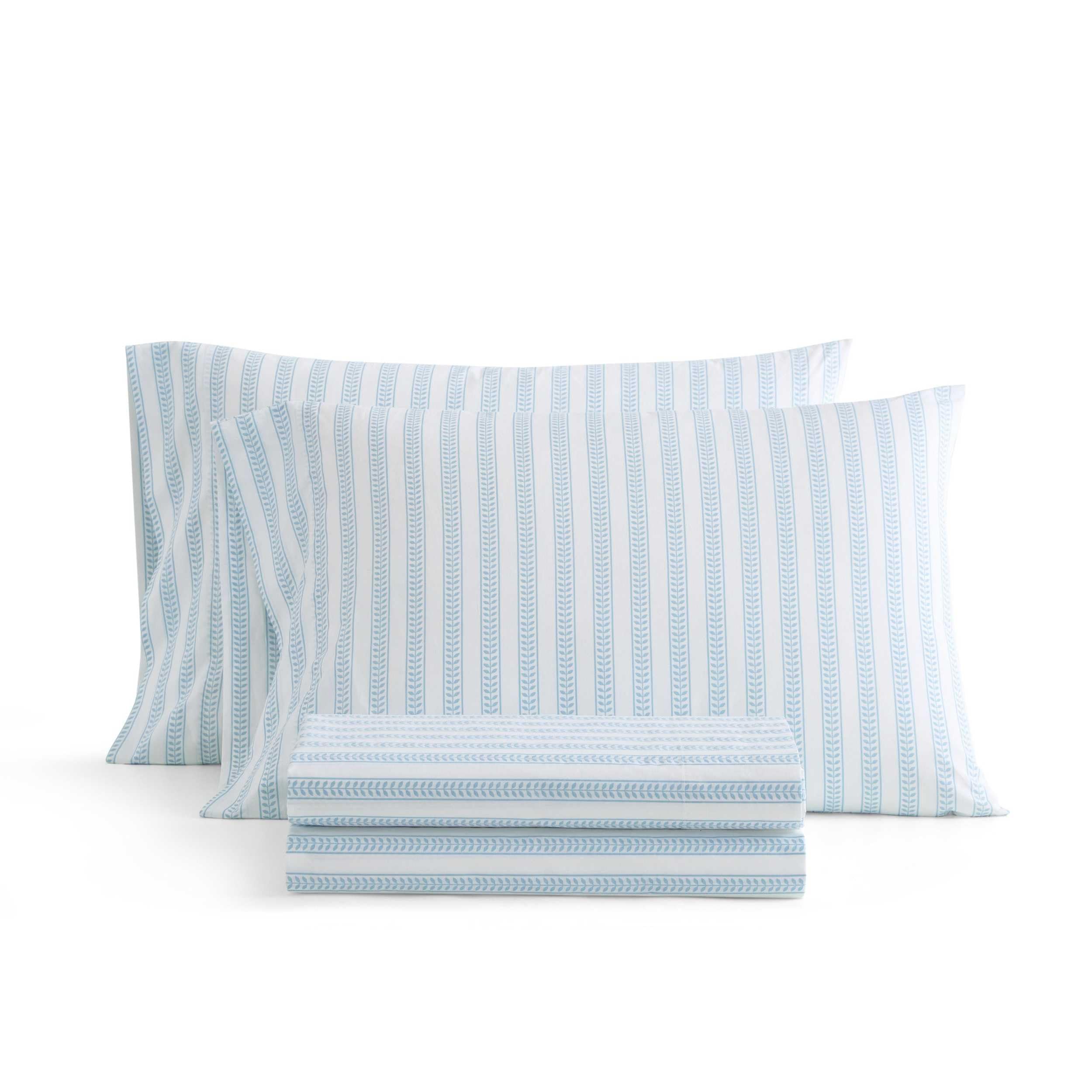 Martha Stewart - King Size Sheet Set, Crisp &amp; Tailored Sheets with a Smooth Cotton Percale Feel - Striped Bed Sheets with Matching Pillowcases &amp; Fitted Sheet (Leaf Stripe Blue)