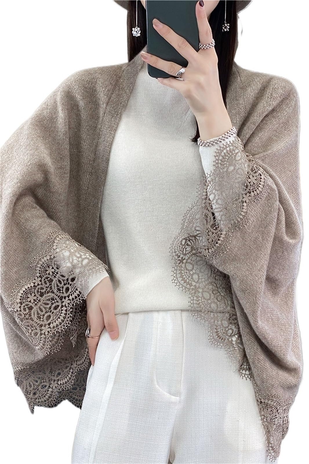 Scialle Donna Scialle Lavorato a Maglia in Lana con Bordo in Pizzo Primavera Autunno Cardigan Sottile da Donna Morbido, Delicato sulla Pelle, Traspirante e alla Moda(Brown)
