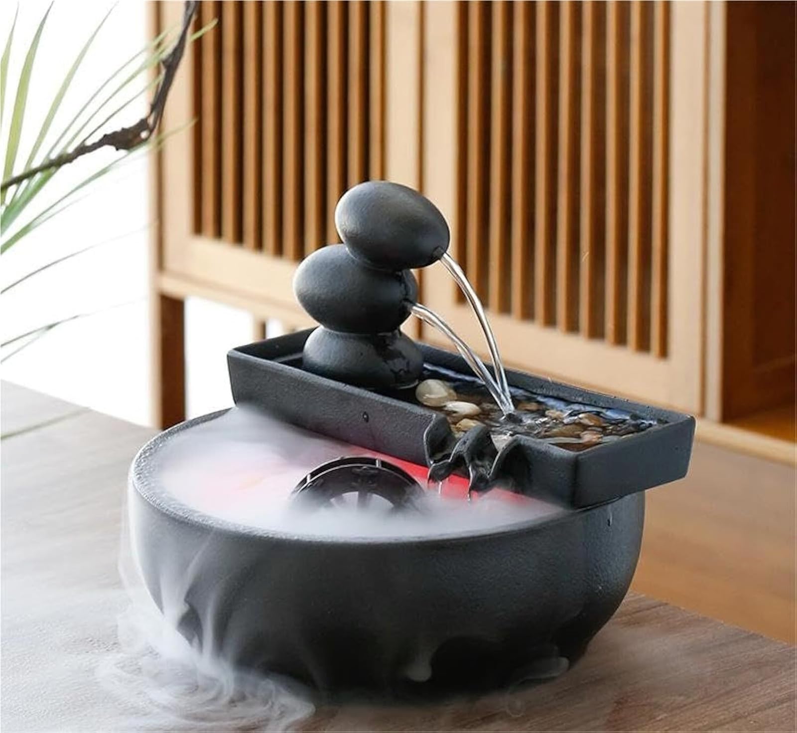 Fuente decorativa de jardín, fuente de agua con cascada, de cerámica, diseño de bambú, con iluminación LED, función humidificadora, bomba de agua, Feng Shui Zen, decoración para salón, oficina, jardín