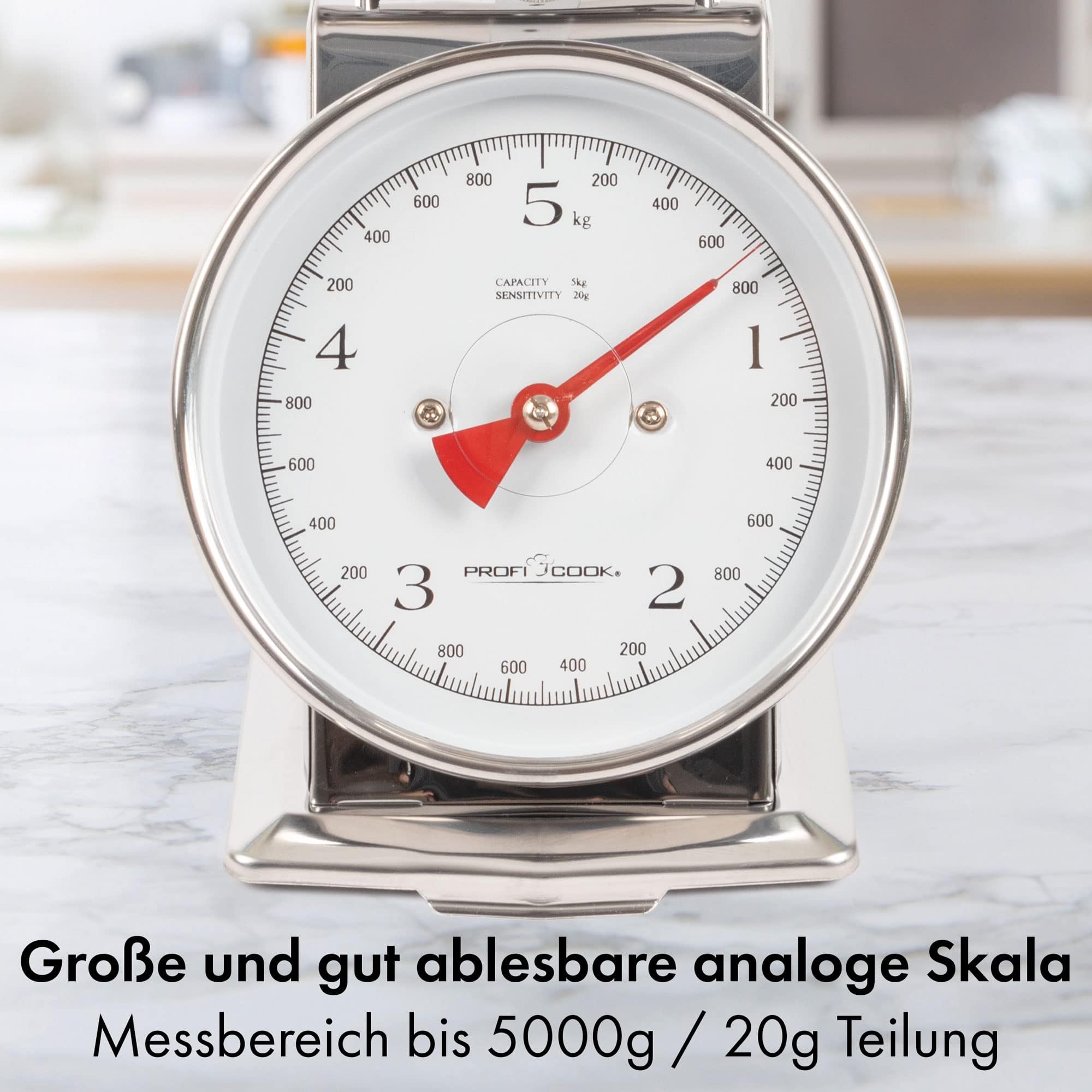 ProfiCook Küchenwaage ohne Batterie | Küchenwaage Retro analog | bis 5kg mit Tara-Funktion | Waage für die Küche ohne Batterie/Strom nutzbar | inkl. Edelstahl Schüssel | Retro-Küchenwaage PC KW 1247