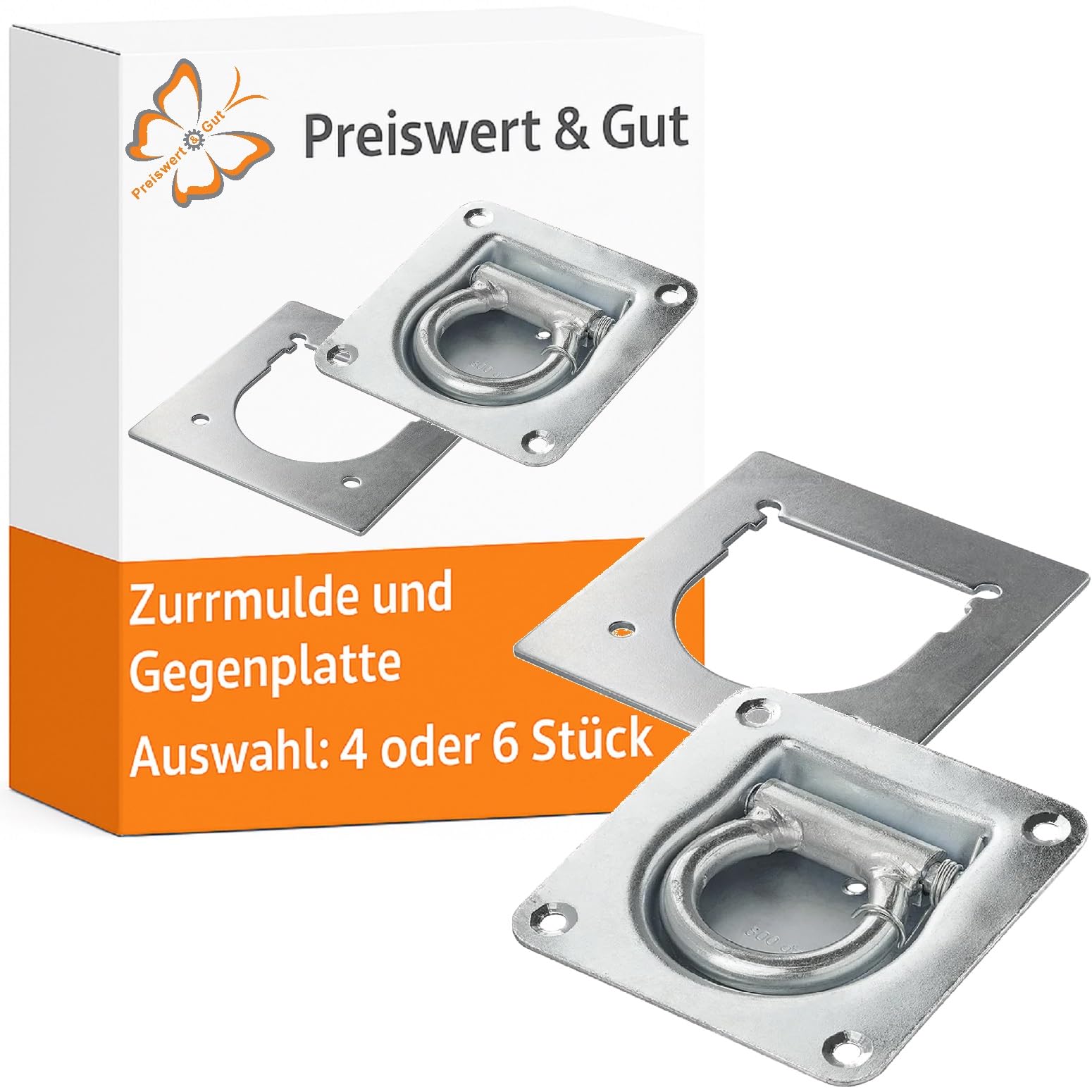 6 STK Zurrösen Stahl verzinkt mit Gegenplatten, Feder 85 x 85 mm 3 mm | Verzurrösen und Befestigungsösen als klapperfreie Zurr Mulden zur sicheren Ladungssicherung am Anhänger