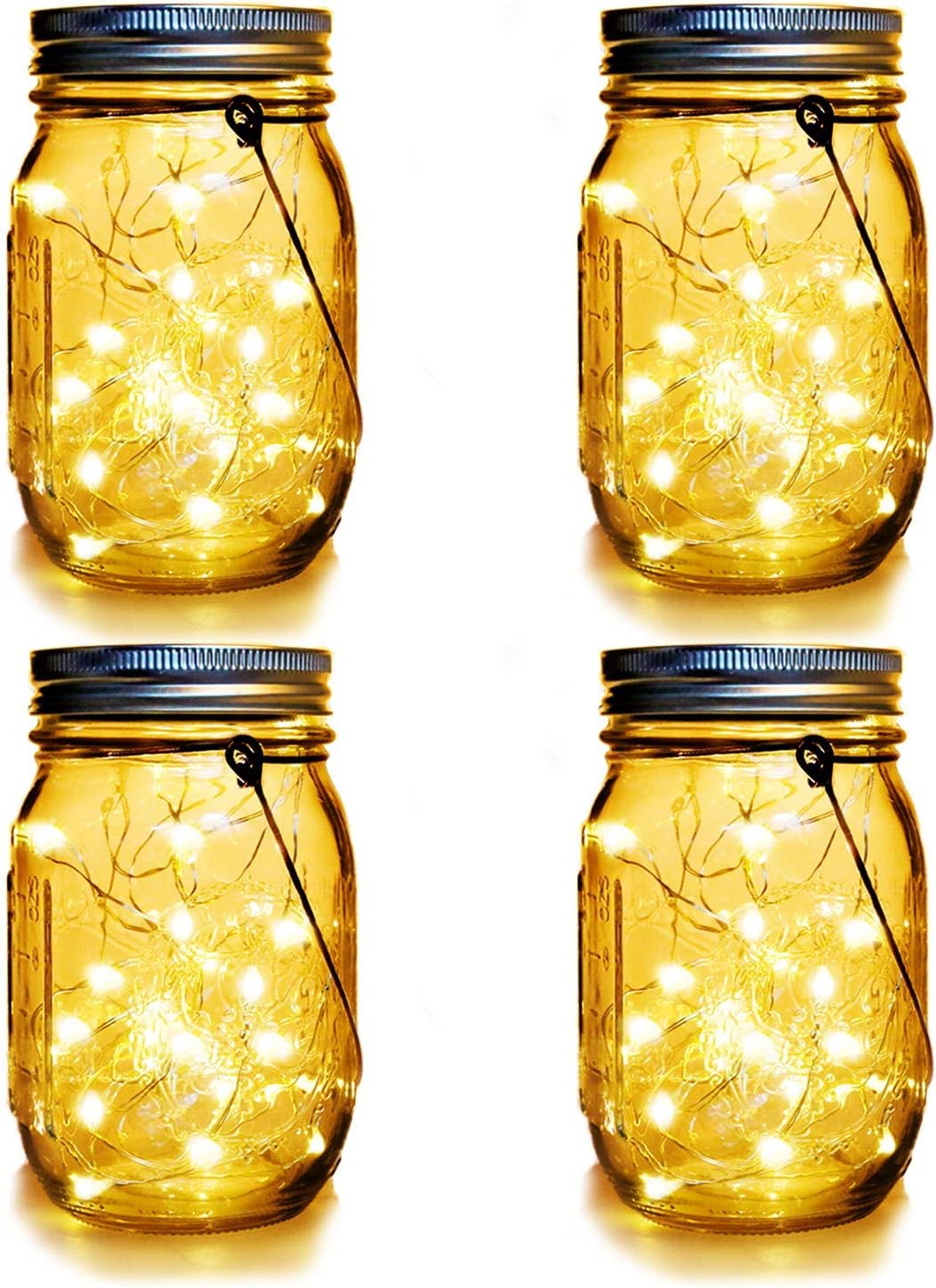 WERTIOO 4 Pack Solar Mason Jars Lights, 30 LEDs Hanging Solar Lanterns Garden Decor Outdoor Lights Warm White Table Decor Fairy Lights for Balcony Patio Porch Christmas Party