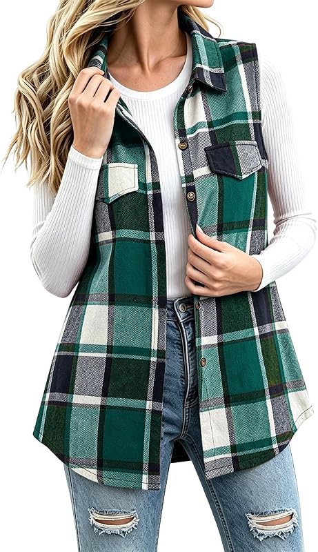 Women Plaid Long Vest Collared Button Front Fall Casual Outerwear | Plaid Long Vest, Collared Jackets, Button Front Outerwear, Casual Lapel Streetwear, Fall Layering Top, Weekend Daily Wear