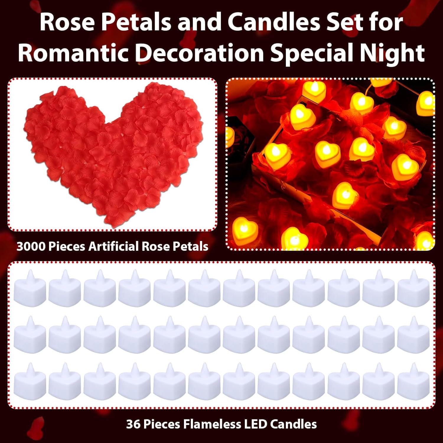 Rose Petals and Candles Set for Romantic Decoration, 3000 Pcs Red Rose Petals and 36 Pcs Heart Candle Lights for Special Night, Wedding, Anniversary, Valentine Day for Hotel and Bedroom Decor - Image 3
