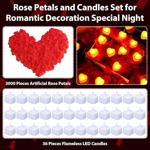 Miniatura 3 de Flasoo Juego de pétalos de rosa y velas para decoración romántica, 3000 pétalos de rosa roja y 36 velas de corazón para noches especiales, bodas,