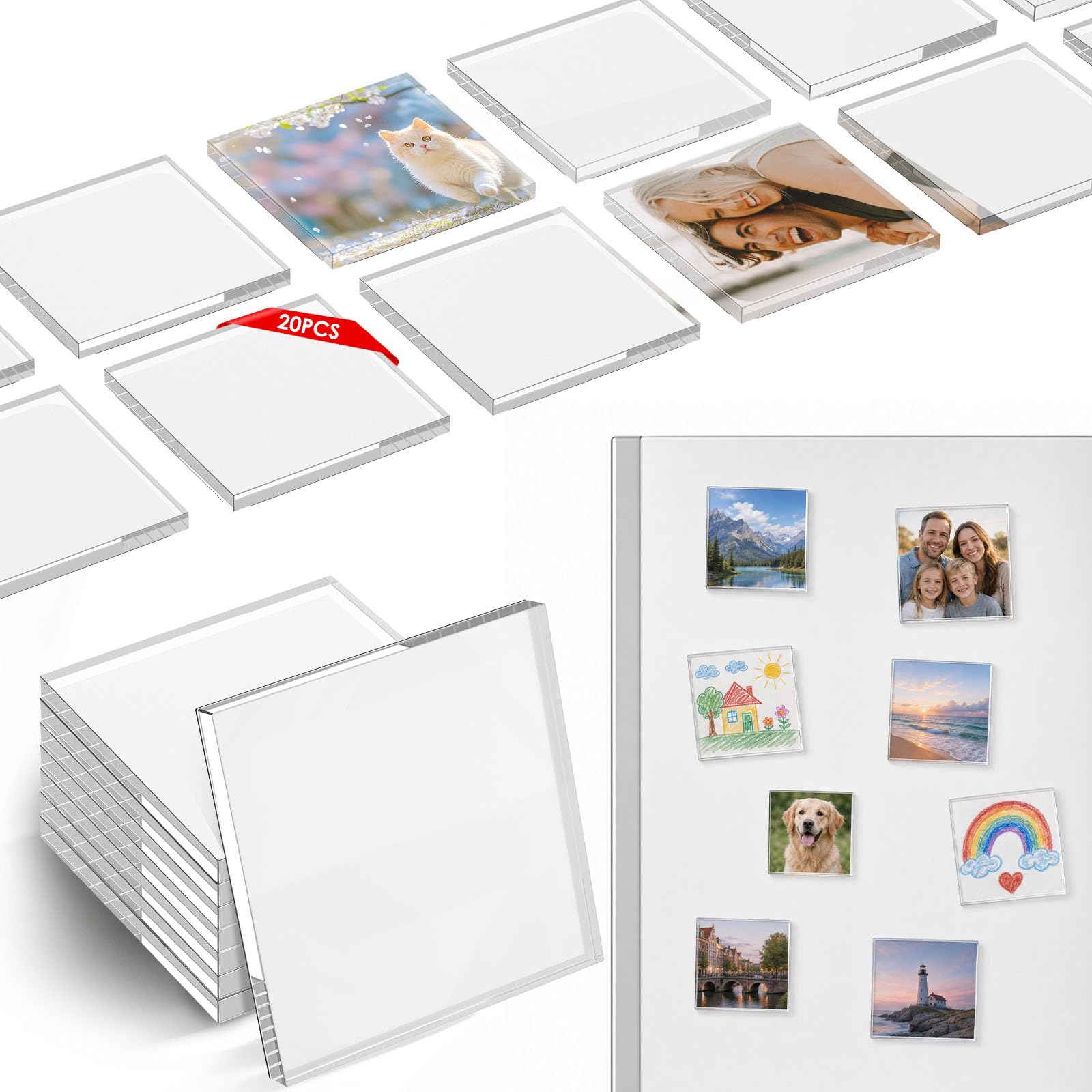 20Pcs DIY Acrylic Photo Fridge Magnets 2x2 Inch Strong Magnet Blank Sublimation Refrigerator Magnets(Square)