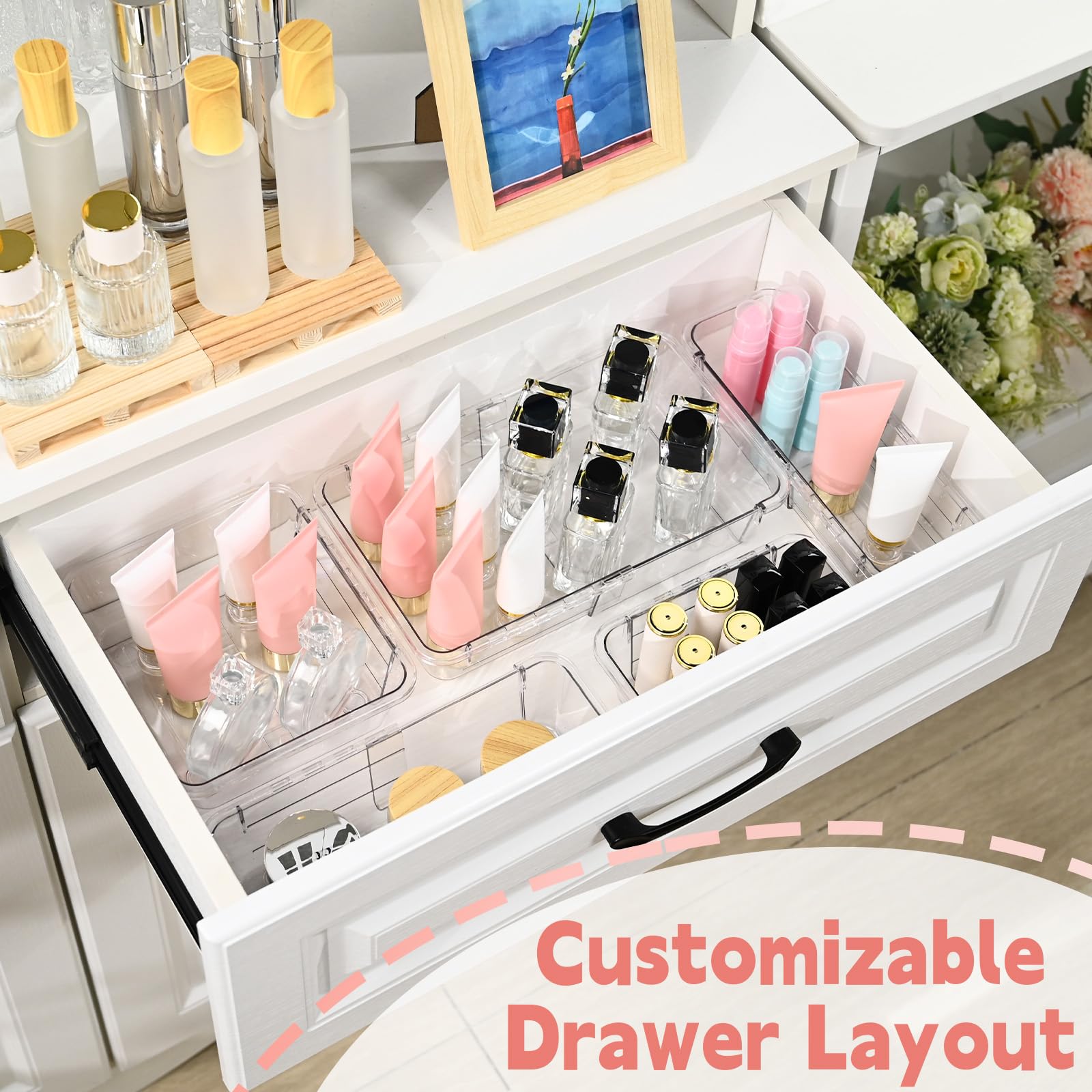 15 organizer trasparenti per cassetti, regolabili, organizer per cassetti da scrivania, bidoni in acrilico per trucchi, cosmetici, gioielli