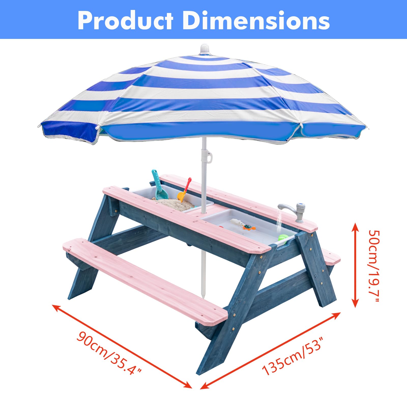 Tavolo da picnic 3 in 1 per bambini con sabbia e acqua, tavolo da picnic convertibile in legno con ombrello, 2 scatole da gioco, parte superiore rimovibile, tavolo con rubinetto per esterni