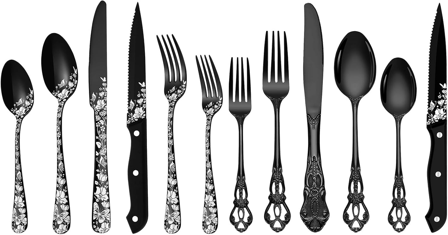 Stapava 72 Pcs Black Silverware Set With Steak Knives for 12, Stainless Steel Flatware Cutlery, Include Forks Spoons and Knives, Mirror Polished, Dishwasher Safe Utensils for Home Restaurant