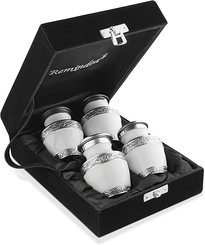 Reminded Urnas de cremación pequeñas para cenizas humanas, juego de 4 mini recuerdos, blanco y plateado con estuche de terciopelo