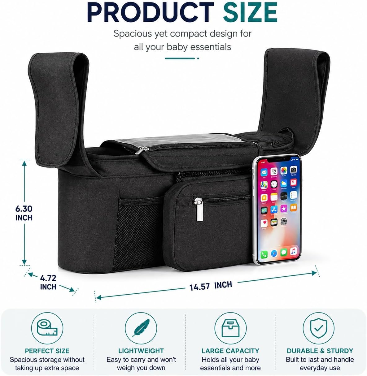 Stroller Organizer with Insulated Cup Holders and Detachable Pouch Universal Stroller Caddy Bag with Phone Pocket and Storage for Baby Essentials and Travel Accessories
