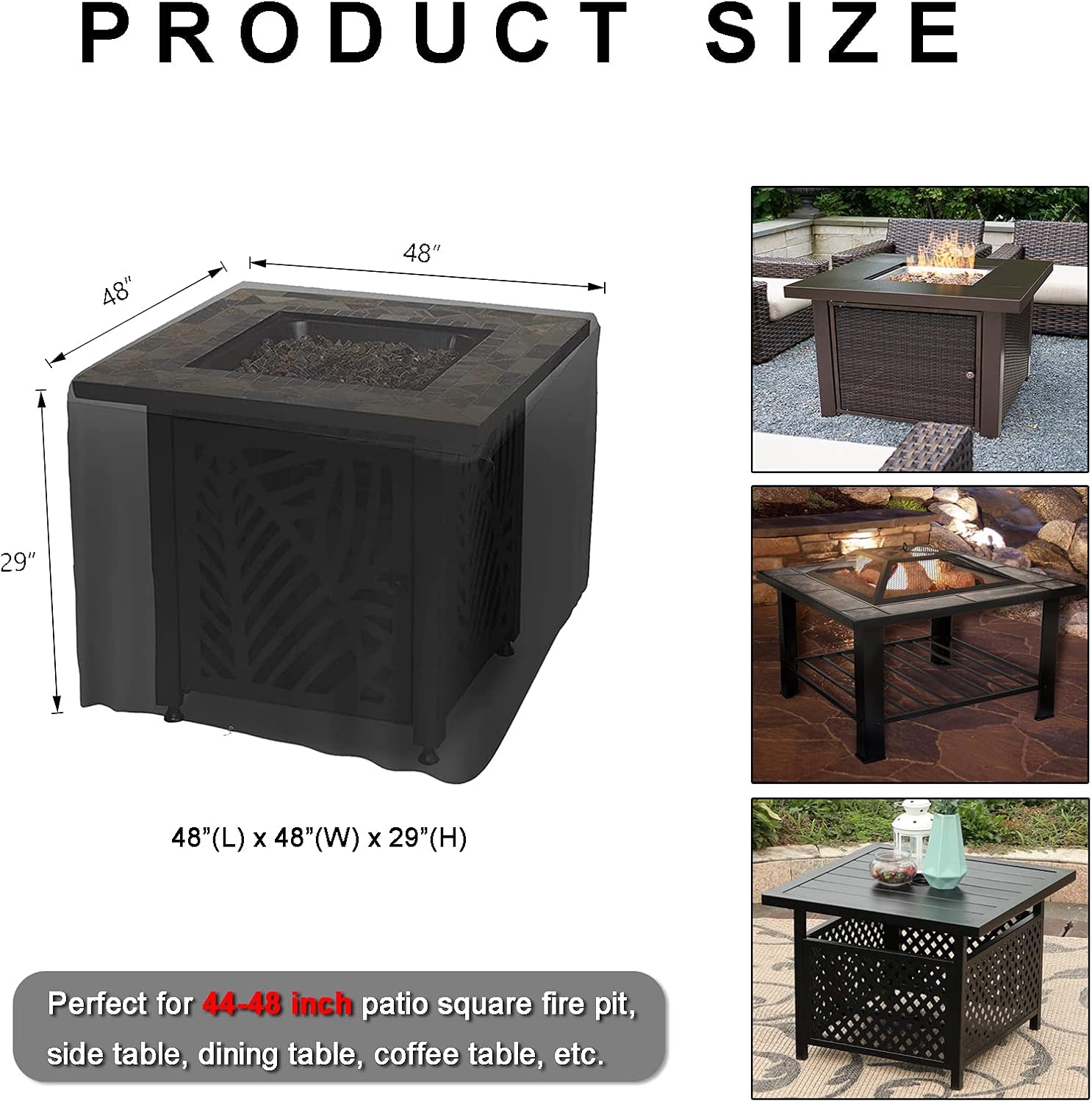 WOMACO Heavy Duty Square Patio Fire Pit/Table Cover, Waterproof Outdoor Furniture Cover (48" x 48" x 29", Black)