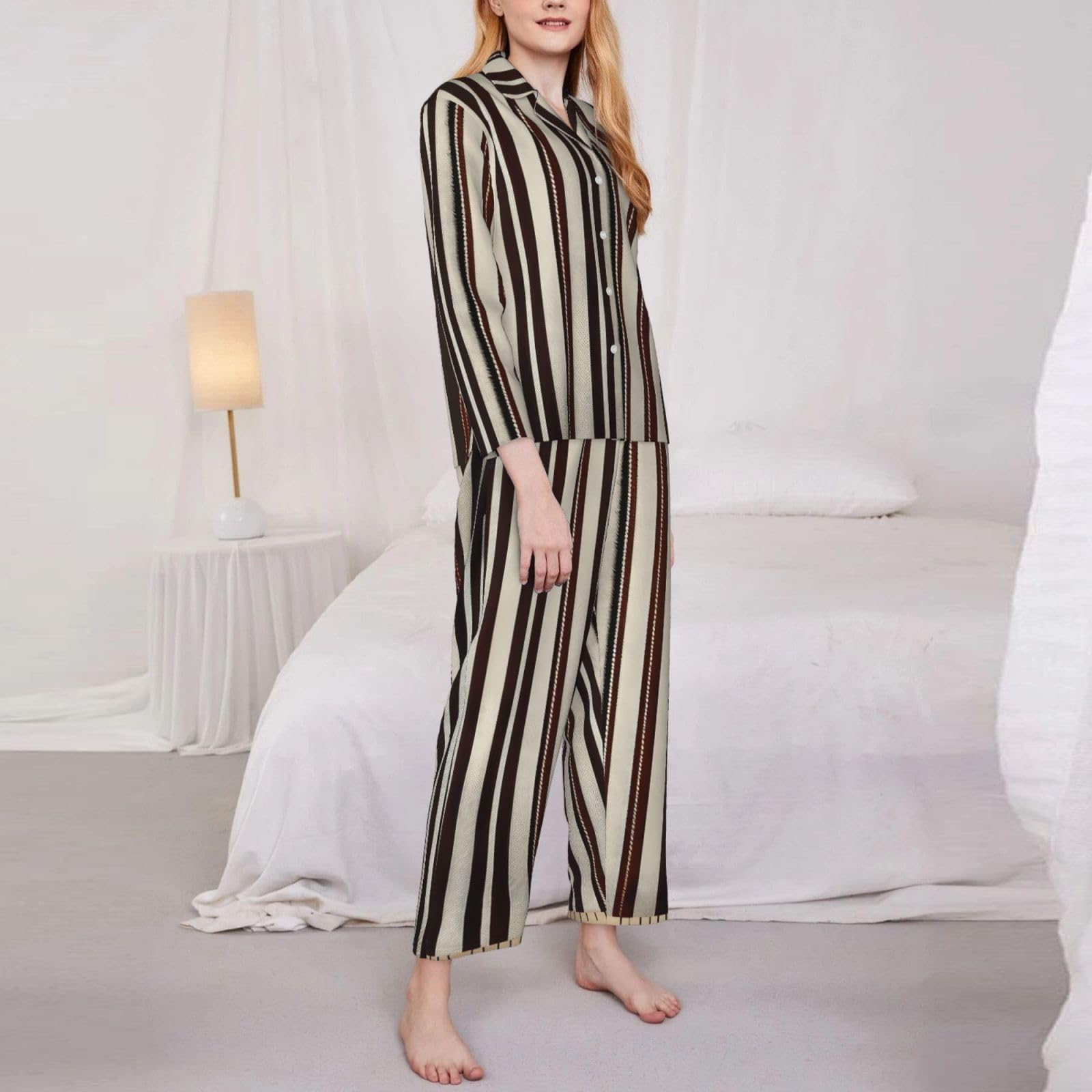 Set pigiama a maniche lunghe da donna con stampa a righe marroni Lounge Sleepwear Accogliente Nightwear Loungewear tutti i giorni