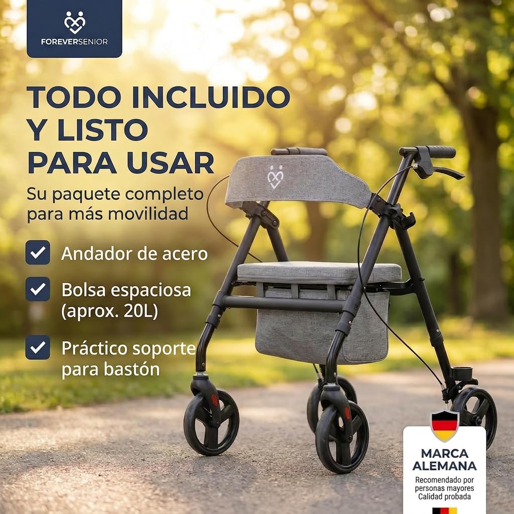 Andador Plegable y Ligero de 9 kg con Asiento – Rollator para Ancianos con Estructura de Acero, Bolsa y Respaldo Acolchado – Andador Estrecho para Interior y Exterior