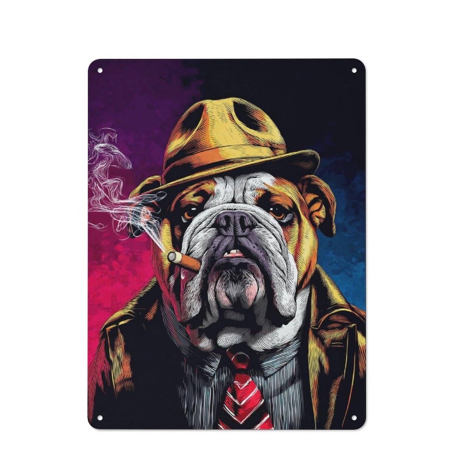 Junmoney Stylish Bulldog In Fedora And Suit -1 Decorative Tin Sign With Design 40X30cm, Nostalgic Old Style Wall Plaque For Living Room, Hallway, Kitchen Or Cafe