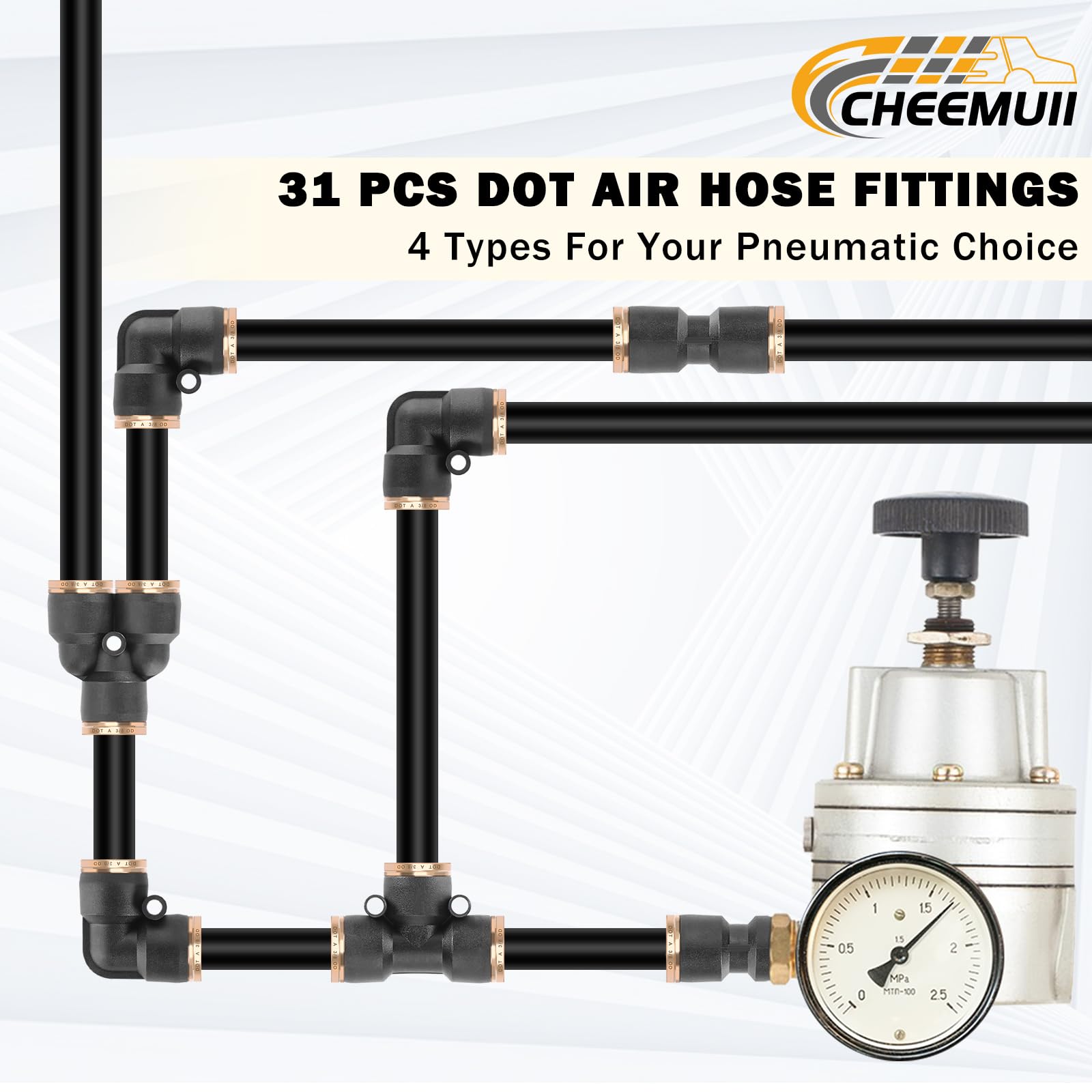 CheeMuii 31 accesorios de línea de freno de aire DOT de 1/4 pulgadas 3/8 pulgadas para conectar accesorios de manguera de aire de conexión rápida kit de reparación para camión o sistema de aire