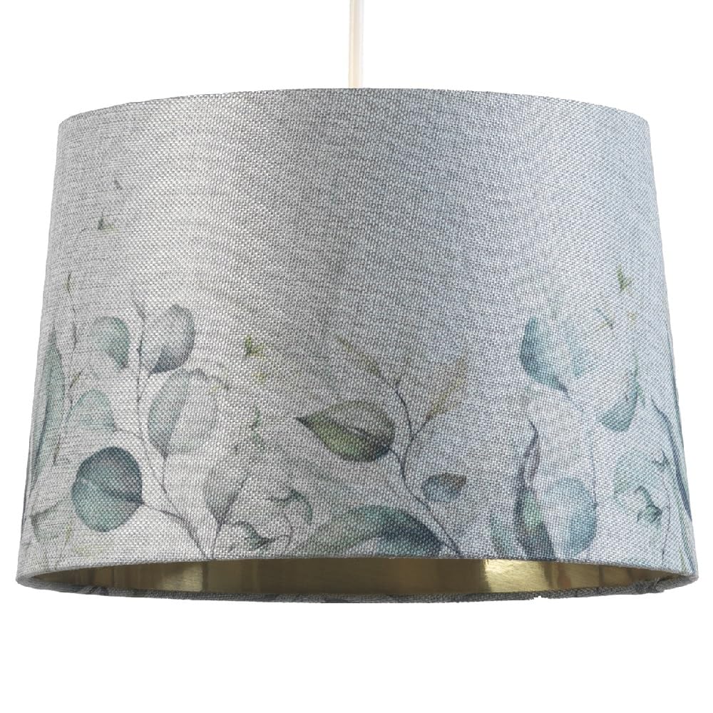 Grey Linen & Leaves Design Vintage Easy Fit Round Tapered Drum Shade | Gold Inner Hard Lined | 30cm Diameter (12") | Reversible Gimbal | Pendants & Table Lamps | Fits Lampholder Type E14 E27 B15 B22