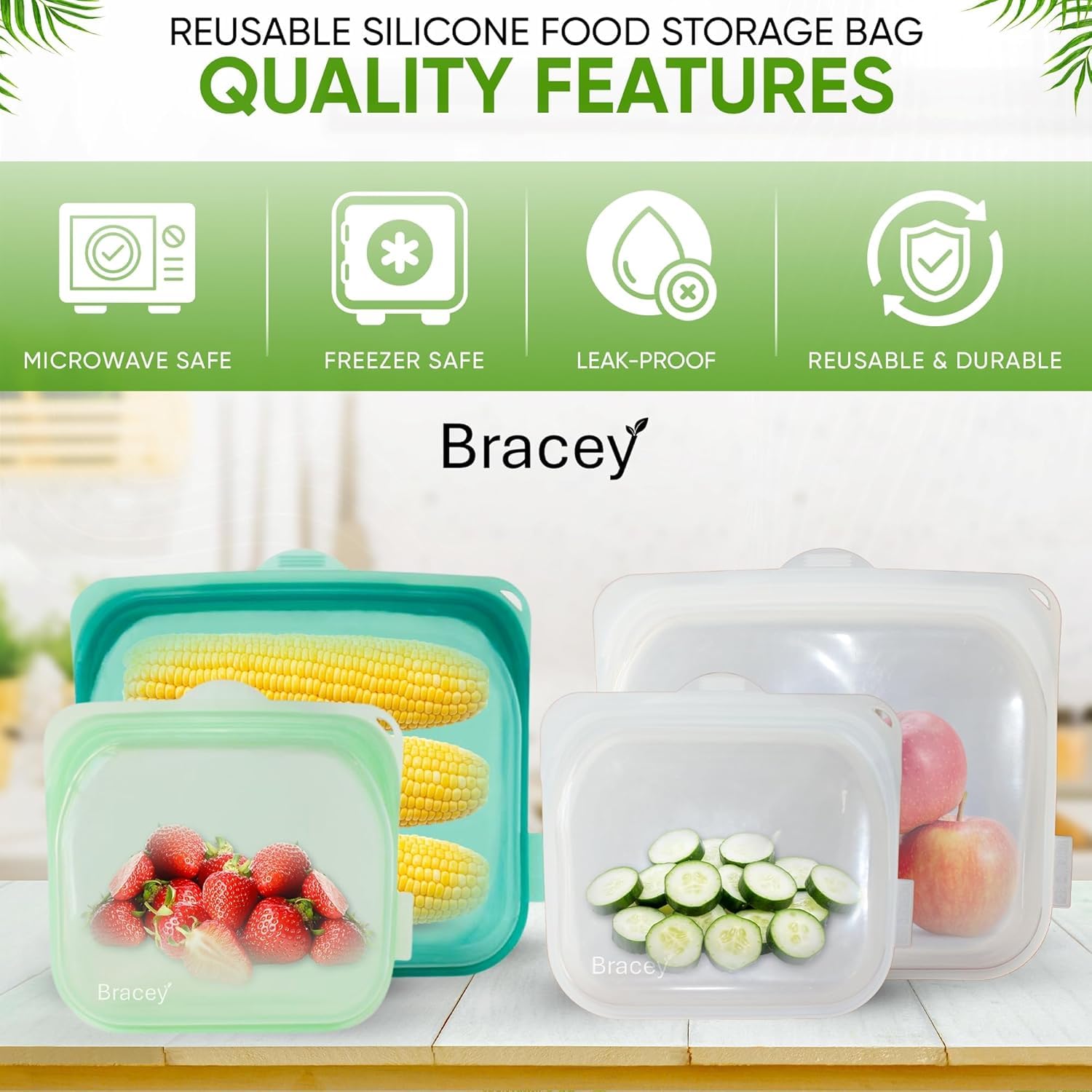 Bolsas reutilizables de silicona para almacenamiento de alimentos, bolsa de tamaño grande multiusos, color blanco y azul, paquete de 2, aptas para microondas, lavavajillas y congelador, sin