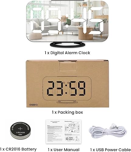 Vista 8 de Reloj despertador digital, pantalla grande LED y espejo de escritorio con puertos de carga USB duales, 3 niveles de brillo, reloj despertador