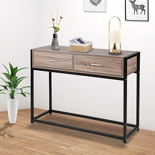 LUCKYERMORE Mesa de consola de entrada, pasillo con 2 cajones, mesa de sofá estrecha de metal de madera con dos compartimentos de almacenamiento,