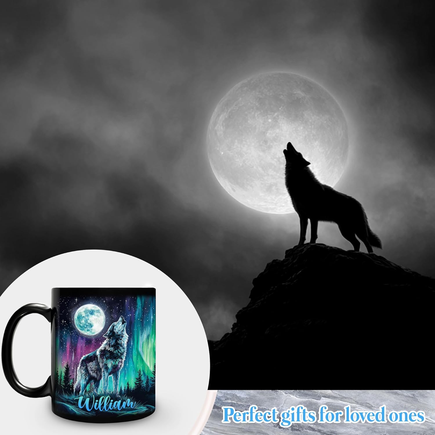 Hyturtle Personalized Wolf Mug for Men Women, Wolves Lovers Gifts for Wild Animal Lovers on Birthday Christmas, Howling Wolf Gift Idea for Dad Husband, Custom Name 11oz Black Ceramic Coffee Tea Mug - Image 4