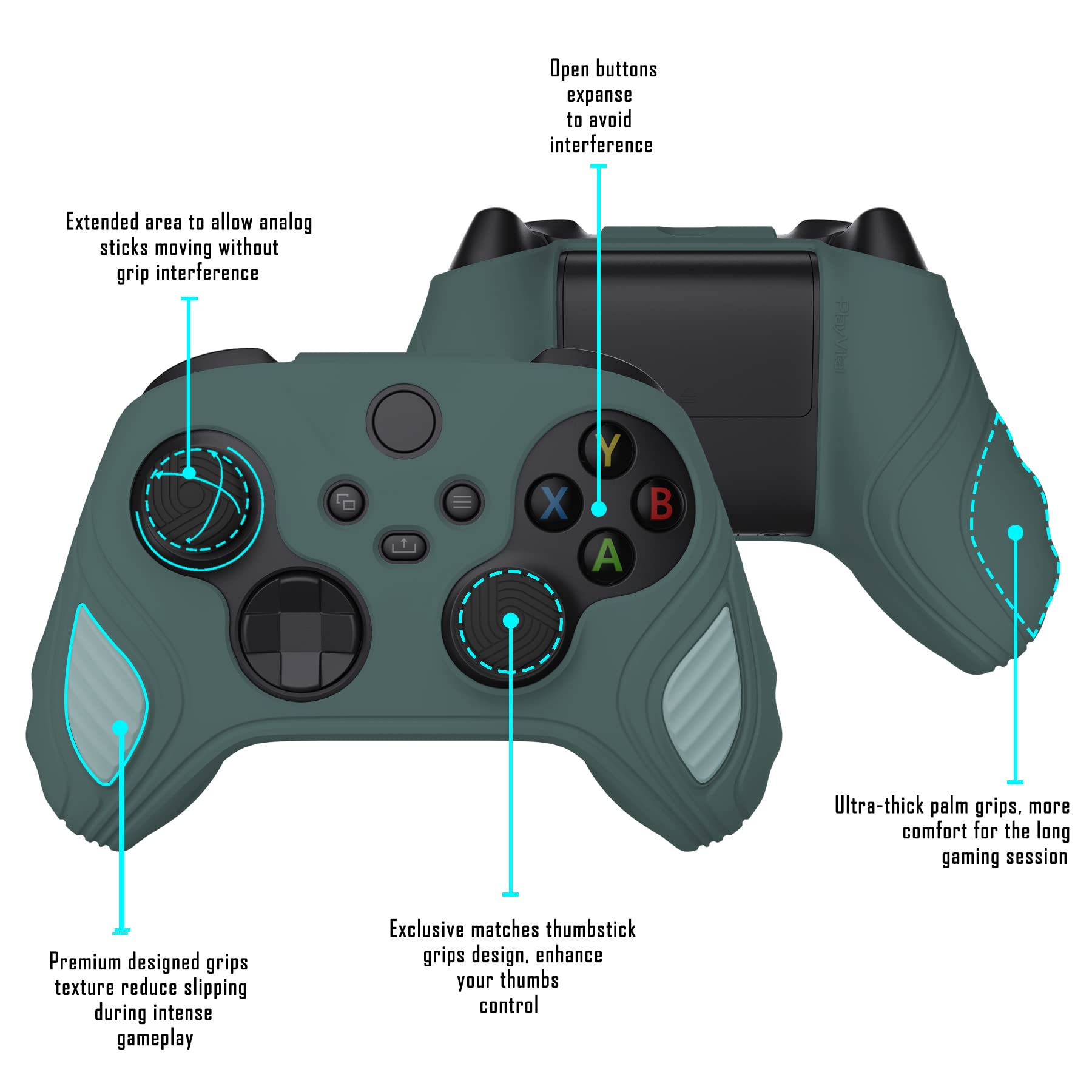 PlayVital Funda de Silicona para Xbox Series X/S - Cubierta Protectora Antideslizante de Tacto Suave con 6 Tapas de Joystick, Protector para Mando (Edición Escorpión-Gris Templeton & Gris Jade)