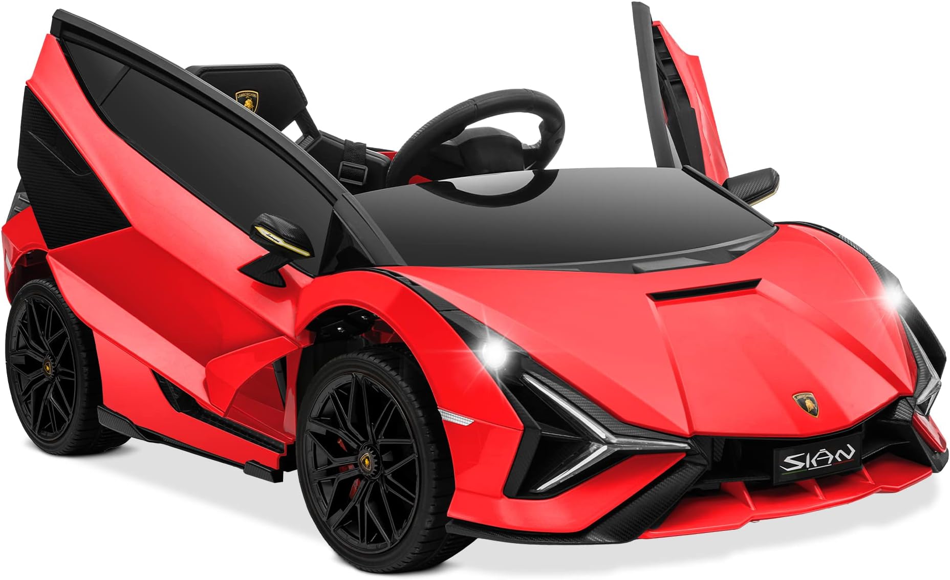 KidzoneKids Electric Ride On 12V Licensed Lamborghini Sian Roadster Battery Powered Sports Car Toy with 2 Speeds, Parent Control, Sound System, LED Headlights & Hydraulic Doors - Red