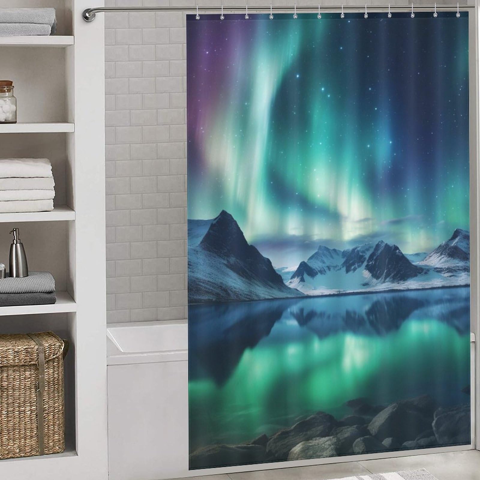 Rideau de douche imperméable Aurore en tissu textile 152x183cm pour salle de bains avec crochets