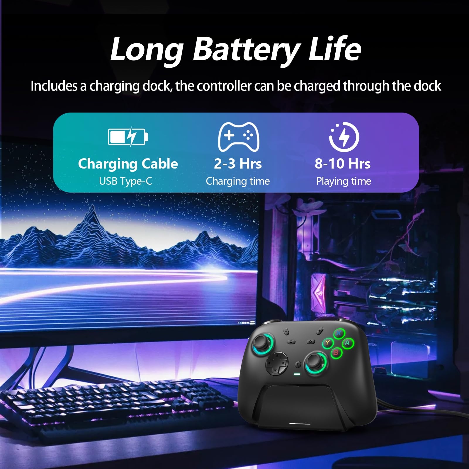 DoJoZone Mando PC, PC Mandos Inalámbrico con Base de Carga, Joysticks Hall Effect y Gatillos Hall, RGB, Turbo, Giroscopio, Bluetooth/2,4G Gamepad Compatible con Windows PC, Switch, Steam y Android