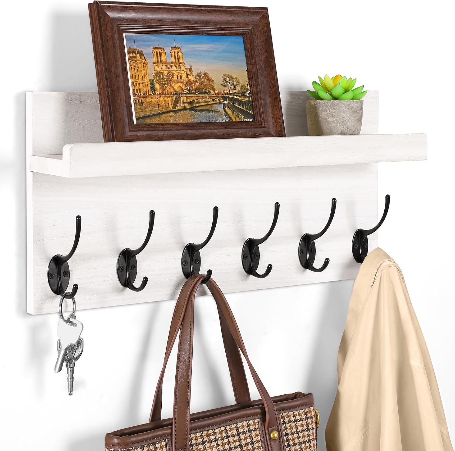 17 Inch Farmhouse Wall Mount Coat Rack Shelf with 6 Double Hooks - White Wood Entryway Organizer for Jackets, Keys, Towels