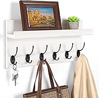17 Inch Farmhouse Wall Mount Coat Rack Shelf with 6 Double Hooks - White Wood Entryway Organizer for Jackets, Keys, Towels