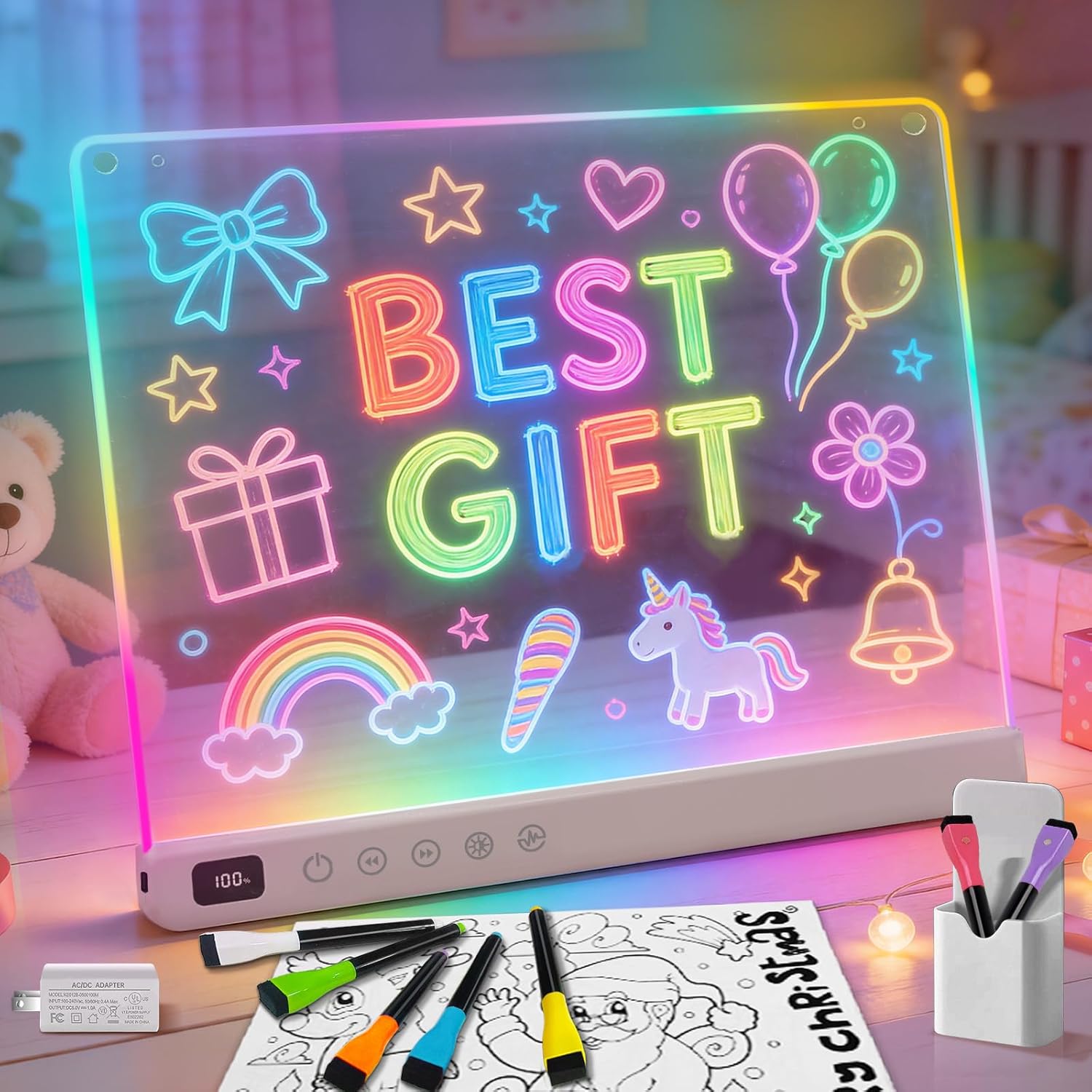 Rechargeable LED Drawing Board for Kids,16″ Large Glow Doodle LED Note Board with 13 Light Modes,Neon Light Up Drawing Tablet with Stand,Chain & Magnet, Creative Birthday Gifts for Girls Boys Age 3-12