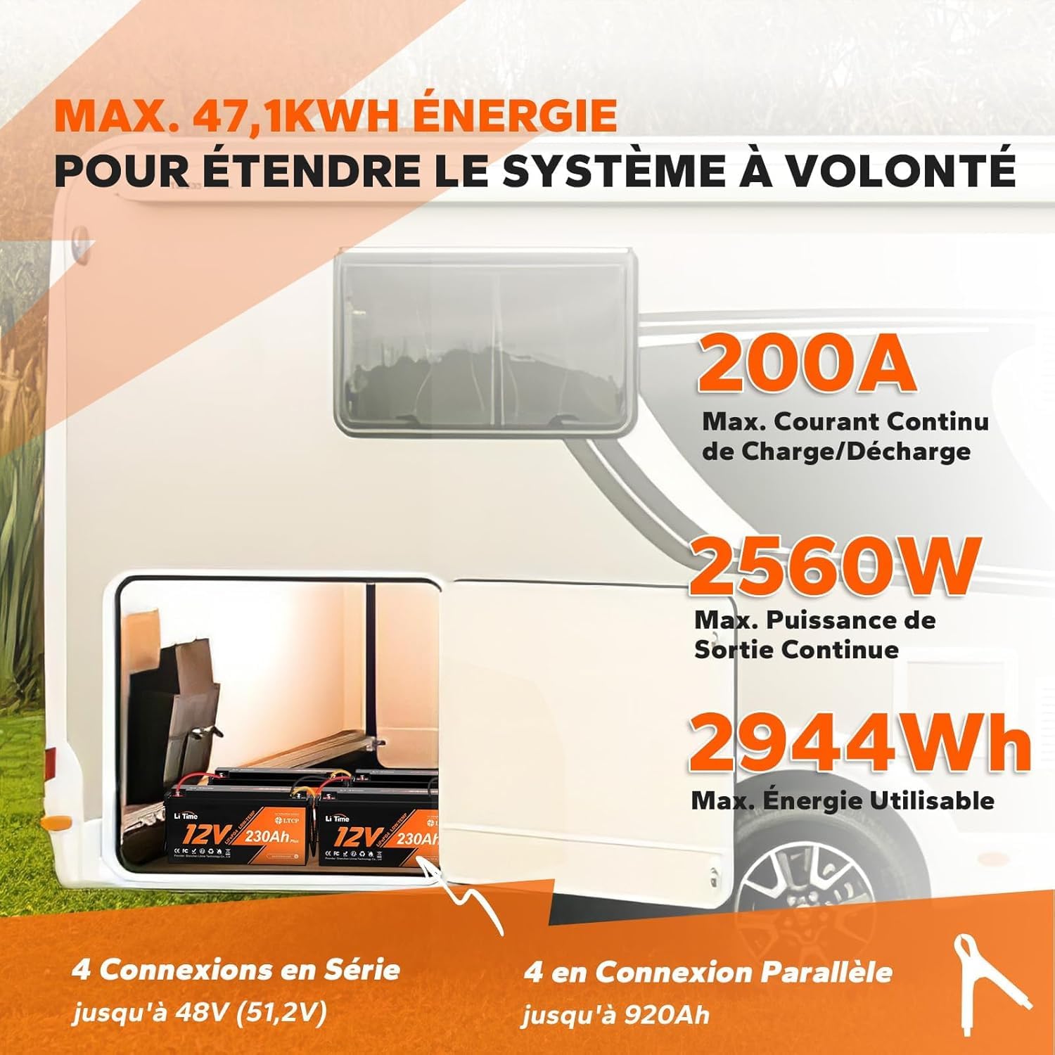 LiTime Batterie Lithium 12V 230Ah LTCP LiFePO4 pour Camper Van, Bateaux