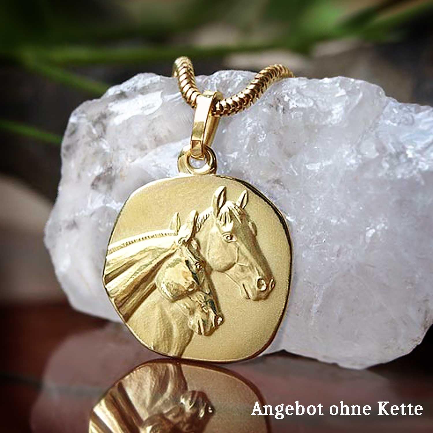 CLEVER SCHMUCK Colgante de 2 caballos en círculo de 16 mm, plata de ley 925 chapada en oro, acabado mate y brillante