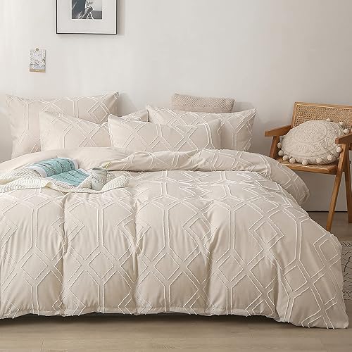 Dobuyly Juego de edredón bohemio tamaño King, color beige crema desgastado y elegante, juego de ropa de cama jacquard de 3 piezas de microfibra de