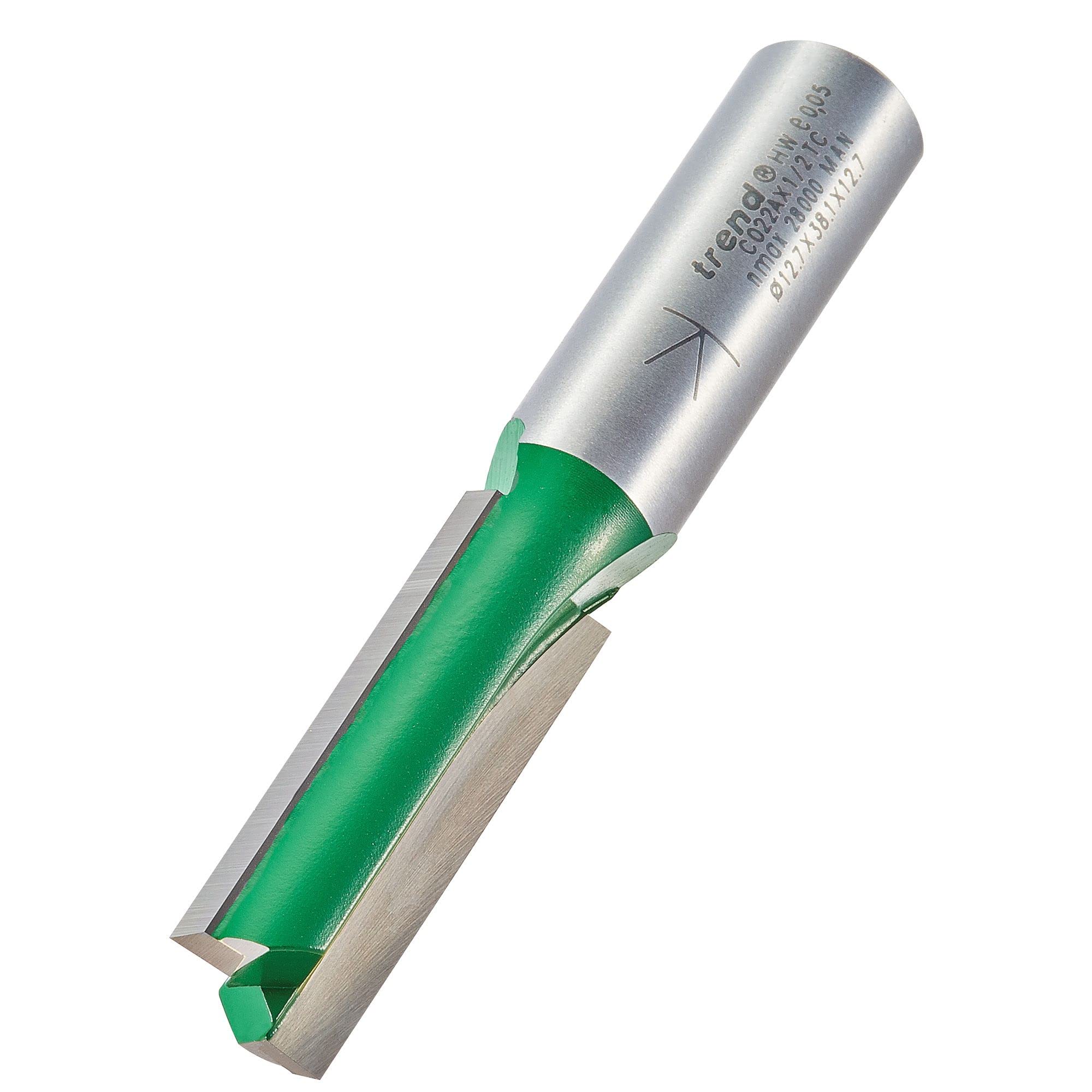 Trend Silver Craftpro Straight Two Flute Router Cutter Bit, 1/2 Inch Shank, 12.7Mm Cut Diameter & 38Mm Cut Length, Tungsten Carbide Tipped, C022ax1/2Tc,