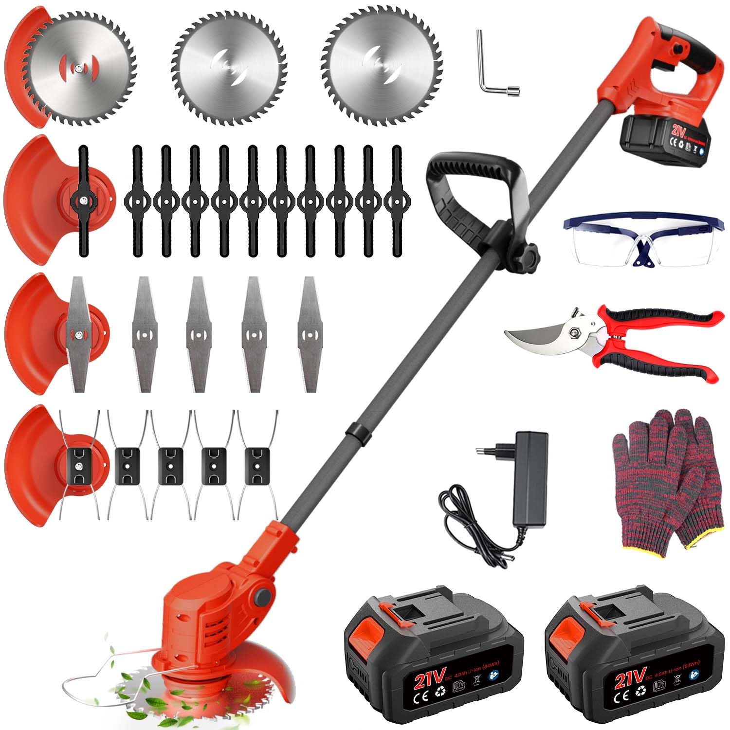 Débroussailleuse Electrique sans Fil, 850W Débroussailleuse Batterie Brushless, avec 2 Batteries 4.0Ah et 4 Lames, Coupe Bordure sans Fil avec Batterie pour tondre Le Jardin et la pelouse
