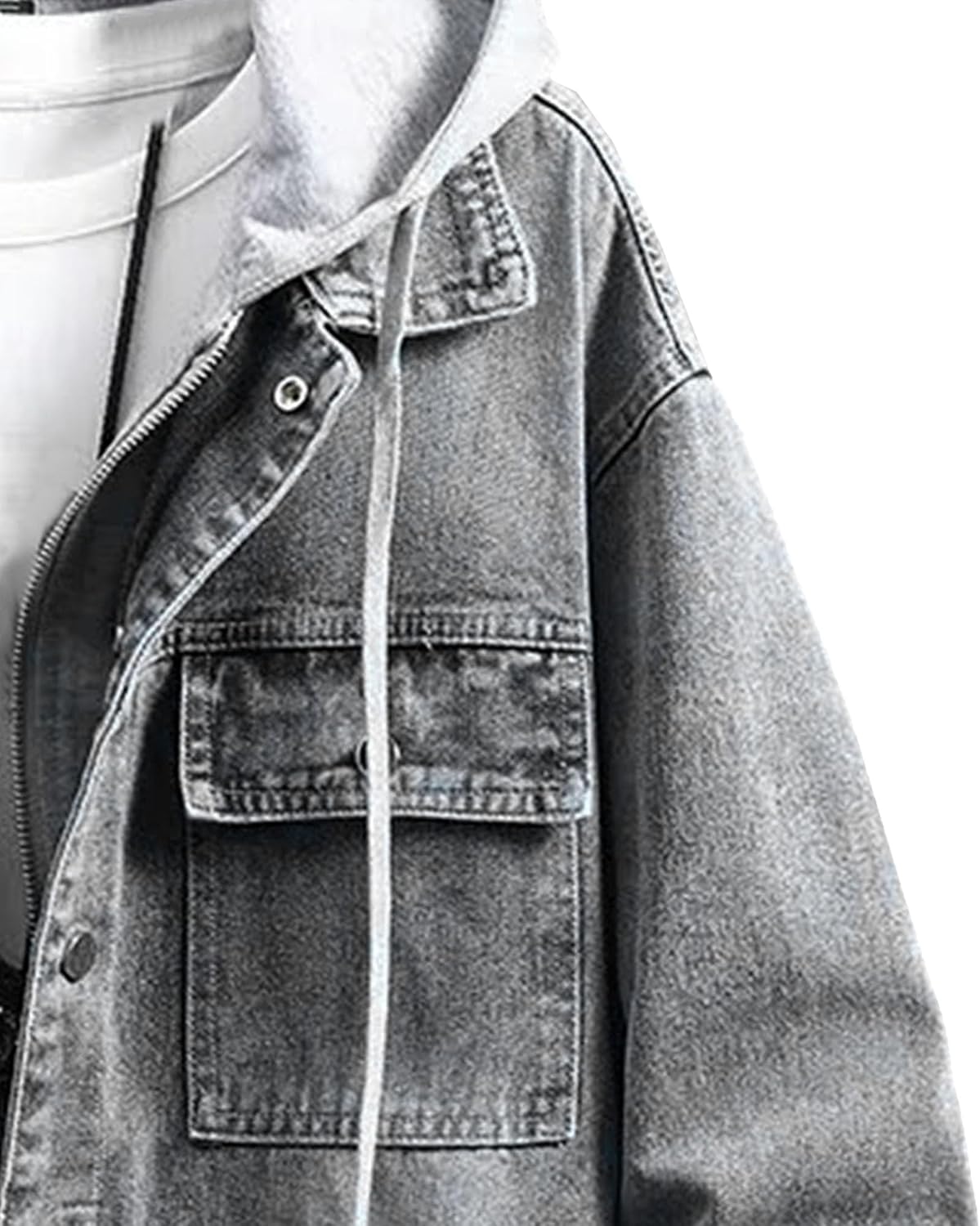 Men's Two Fake Denim Hooded Jackets Spring Fall Hoodies Casual Cowboys Coats Single Breasted Long Sleeve Outwear (Grey,3X-Large)