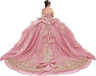Tassel Quinceanera Dress with Detachable Bow Gold Lace Appliques Tulle Ball Gown Beaded Off Shoulder Sweet 16 Dress