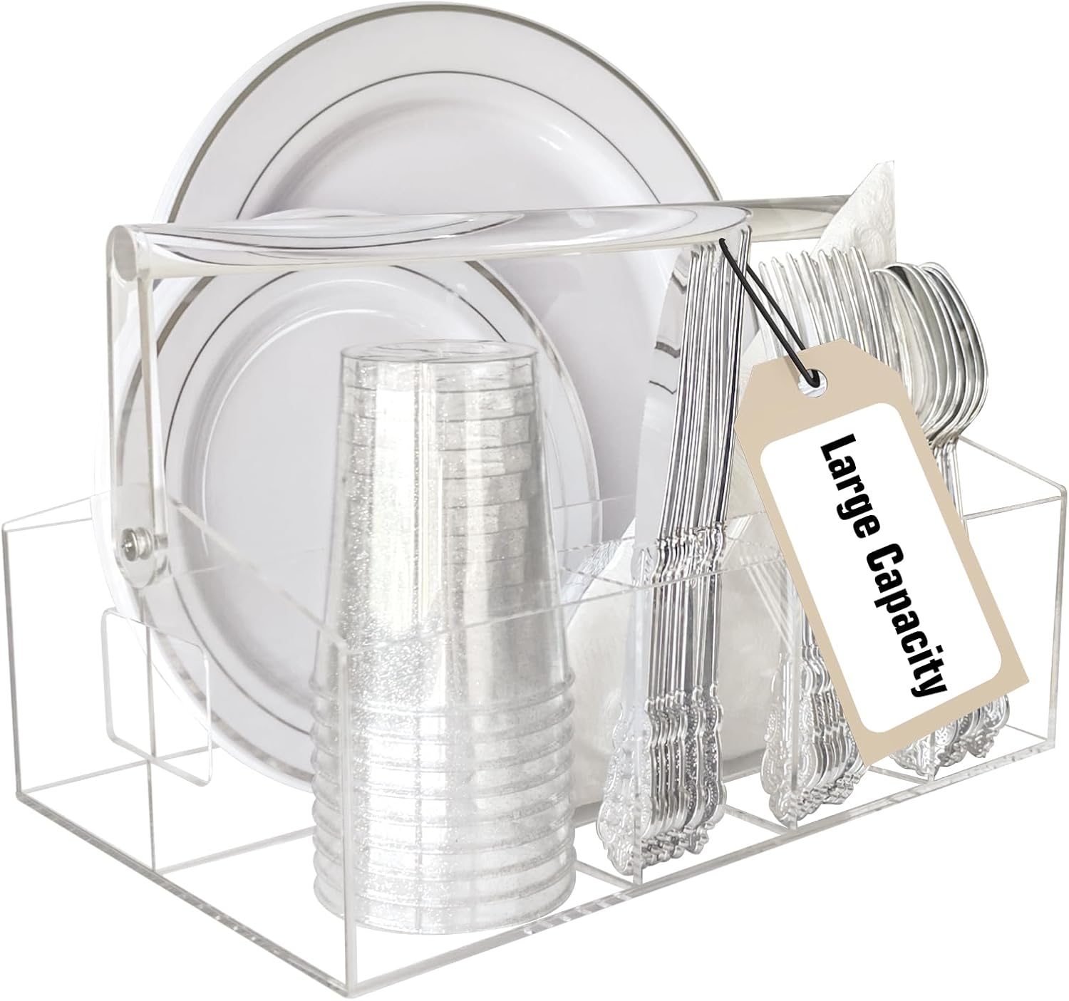 Plate and Utensil Caddy for Parties, 6 Compartments Utensil Holder for Party, Acrylic Cutlery Holder Silverware Caddy with Handle for Disposable Plate, Large Hosting Essentials Home Camping