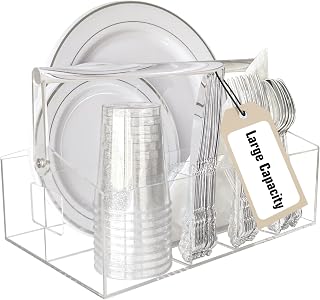 Plate and Utensil Caddy for Parties, 6 Compartments Utensil Holder for Party, Acrylic Cutlery Holder Silverware Caddy with Handle for Disposable Plate, Large Hosting Essentials Home Camping