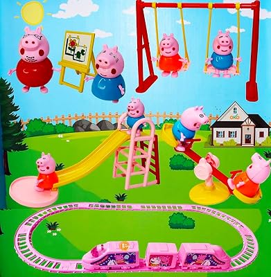 Sawkirp darshraj Peppa Pig Playground Set with Peppa Pig Family Figurines,Slide,Swing,See-Saw,Easel Sets Pieces for Kids