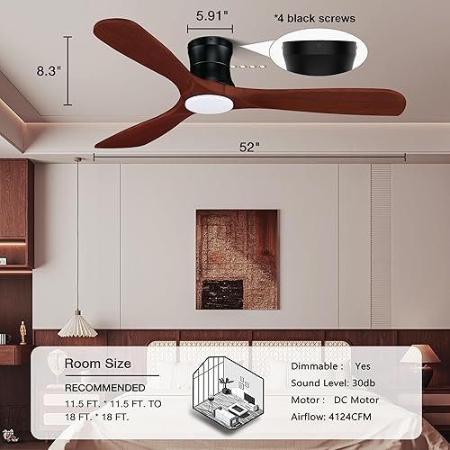Miniatura 6 de Ventiladores de techo inteligentes de madera de 52 pulgadas con control remoto y luces, motor de CC silencioso, ventilador de perfil bajo,