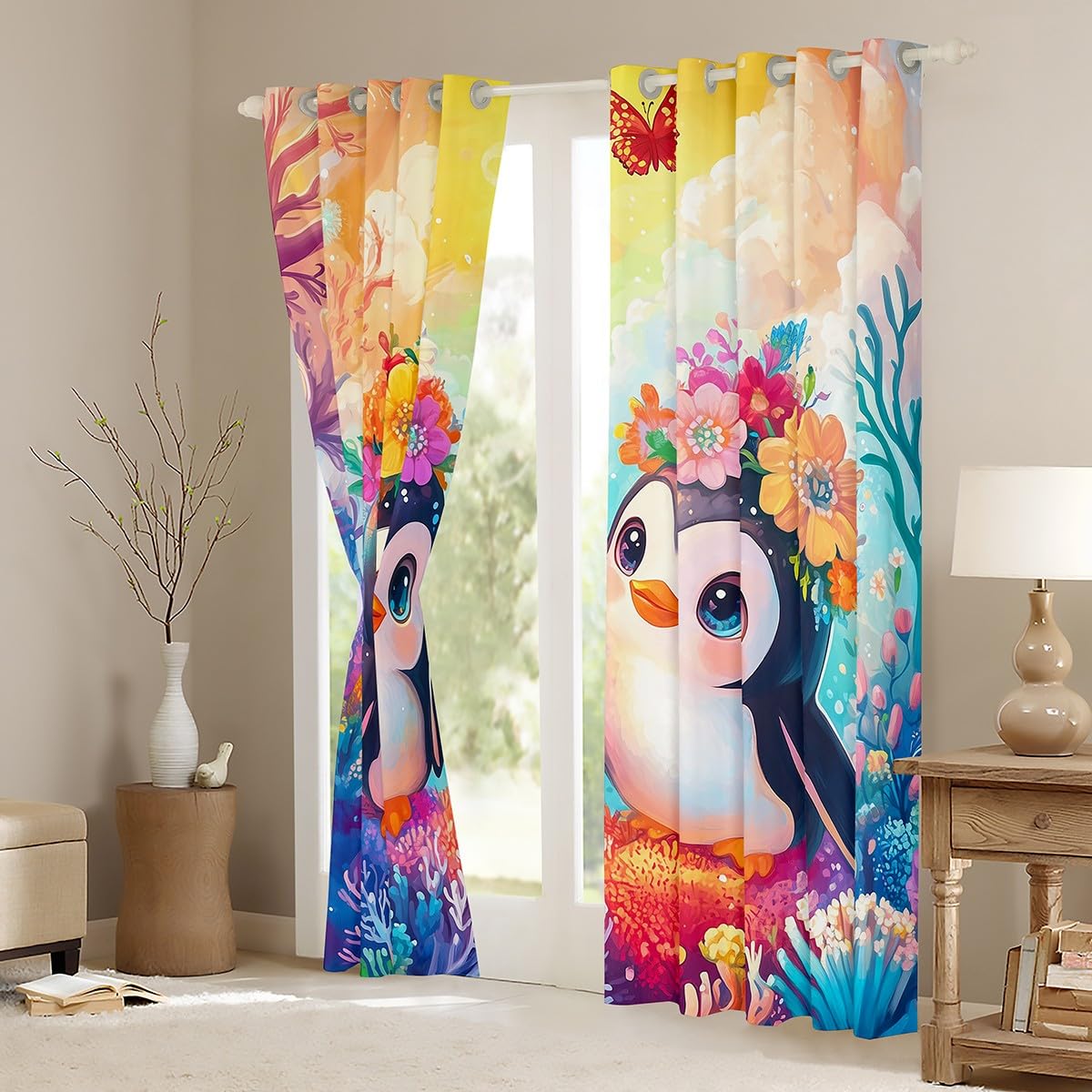 Manfei Penguin Kids Blackout Curtain Watercolor Marine Life Window Drapes for Boys Girls Room Decor Floral Animal Window Treatments - Image 3