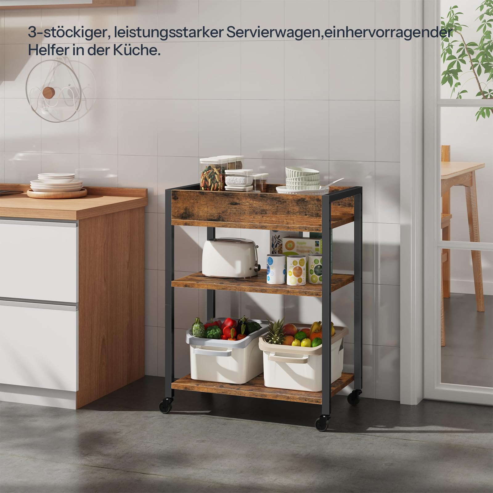 HOOBRO 3-stöckiger Servierwagen, Rollwagen mit Schutzkanten, Küchenwagen, Küchenregal, Barwagen, 64 x 40 x 85 cm, für Esszimmer, Wohnzimmer, Bars, Vintagebraun und Schwarz EBF64TC01